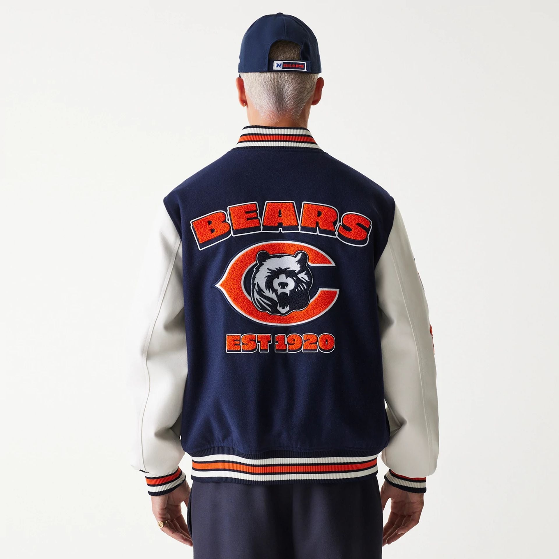 The Male model is wearing Chicago Bears NFL Navy Varsity Jacket 2