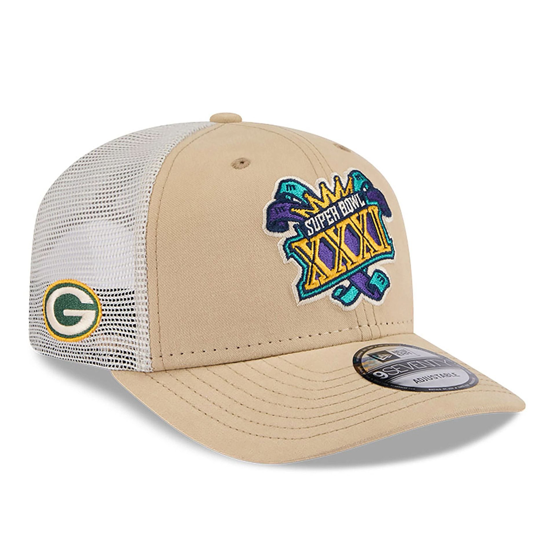 This is a Green Bay Packers NFL Champions Beige 9SEVENTY Stretch Snap Adjustable Cap 1