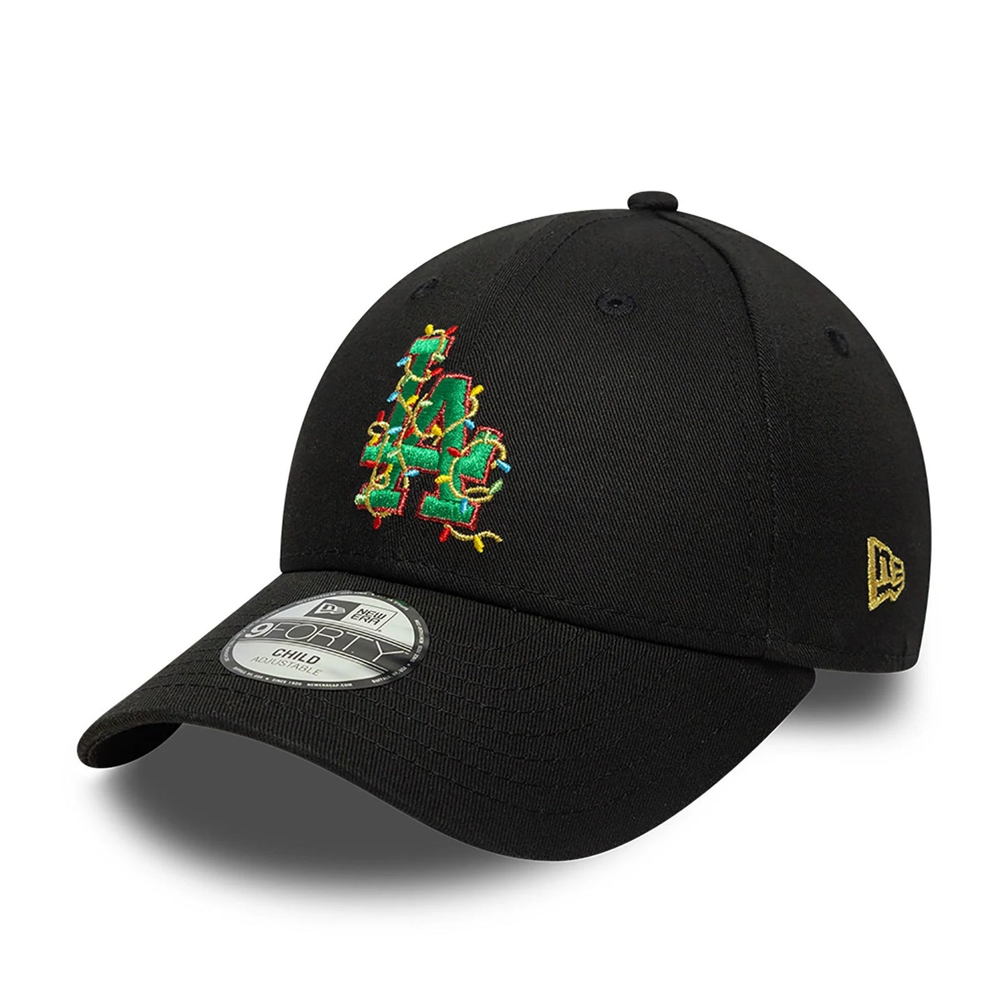 This is a LA Dodgers Child Christmas Lights Black 9FORTY Adjustable Cap 1