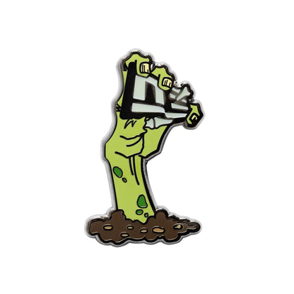 This is a New Era Halloween Zombie Hand Green Pin Badge 1