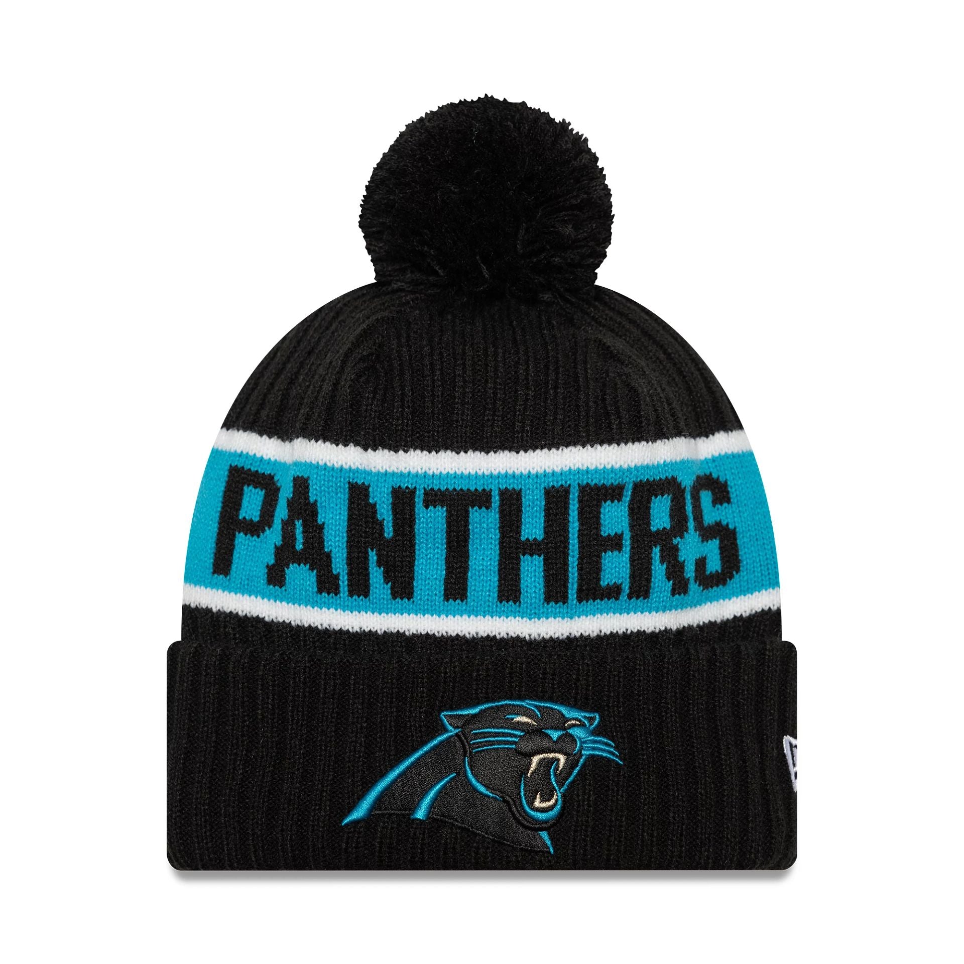 This is a Carolina Panthers NFL International Series Games Munich 2024 Black Sportknit Beanie Hat 1