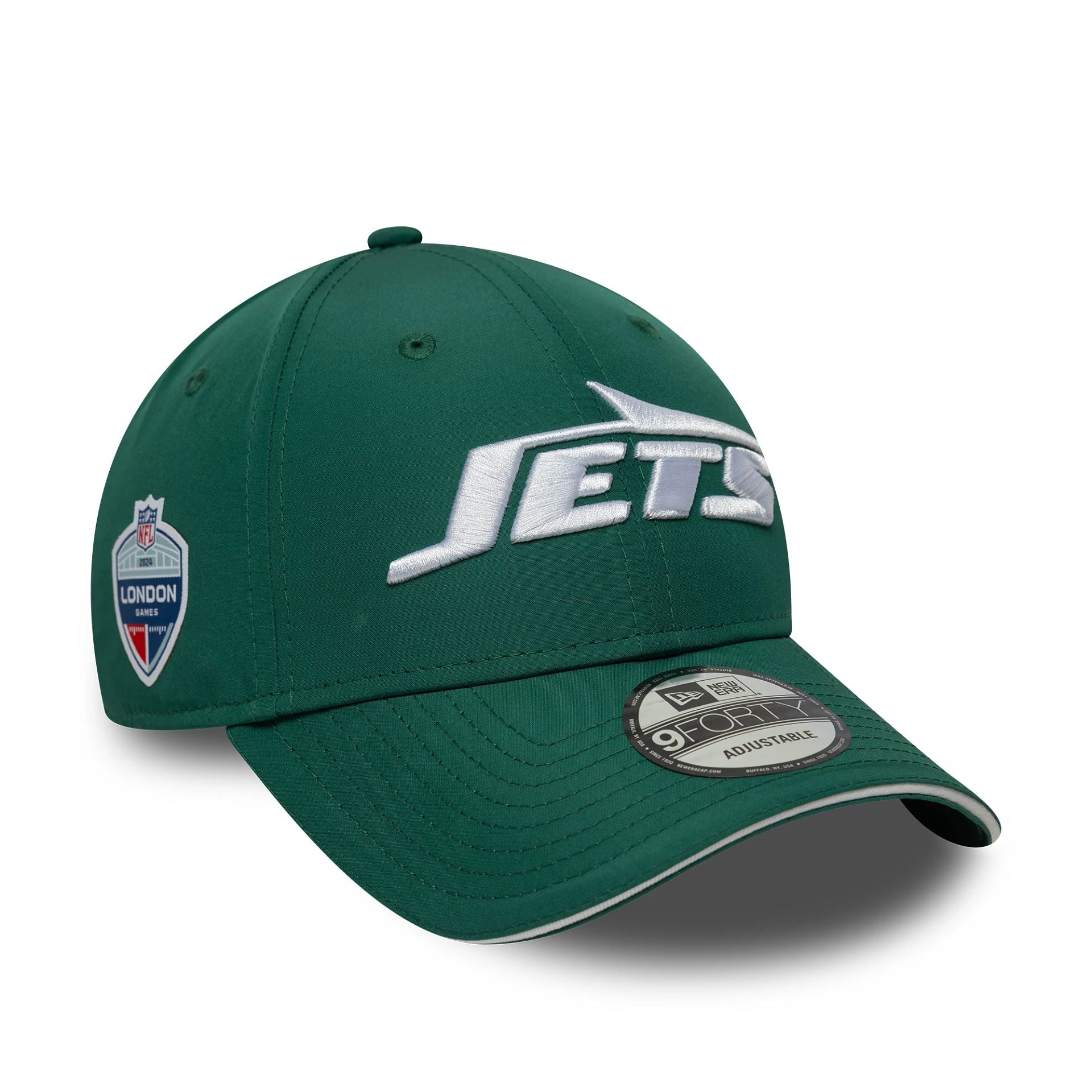 This is a New York Jets NFL International Series Games London 2024 Green 9FORTY Adjustable Cap 1