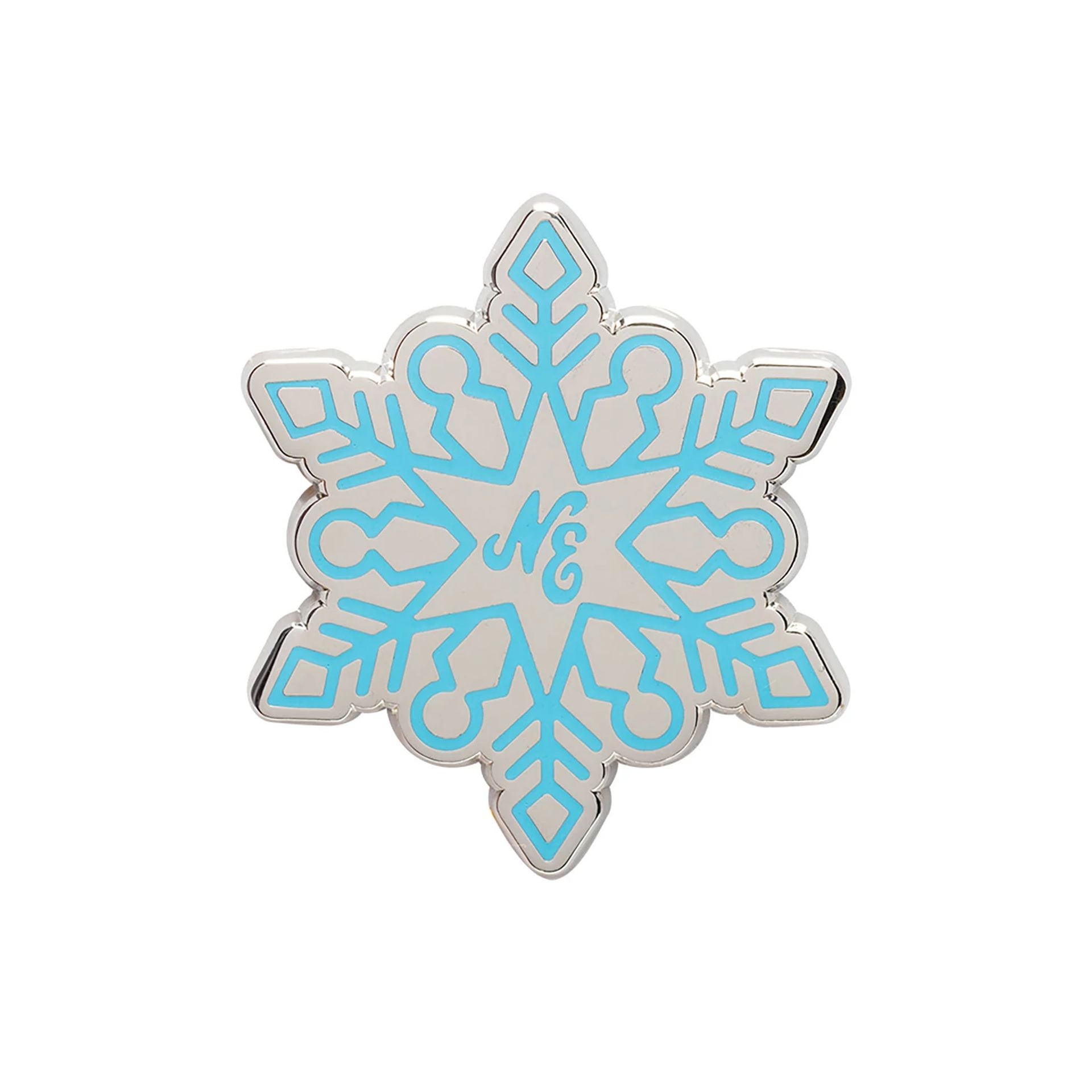 This is a New Era Snowflake Blue Pin Badge 1