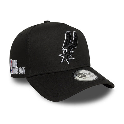 This is a San Antonio Spurs NBA Paris Games 2025 Black 9FORTY E-Frame Adjustable Cap 1