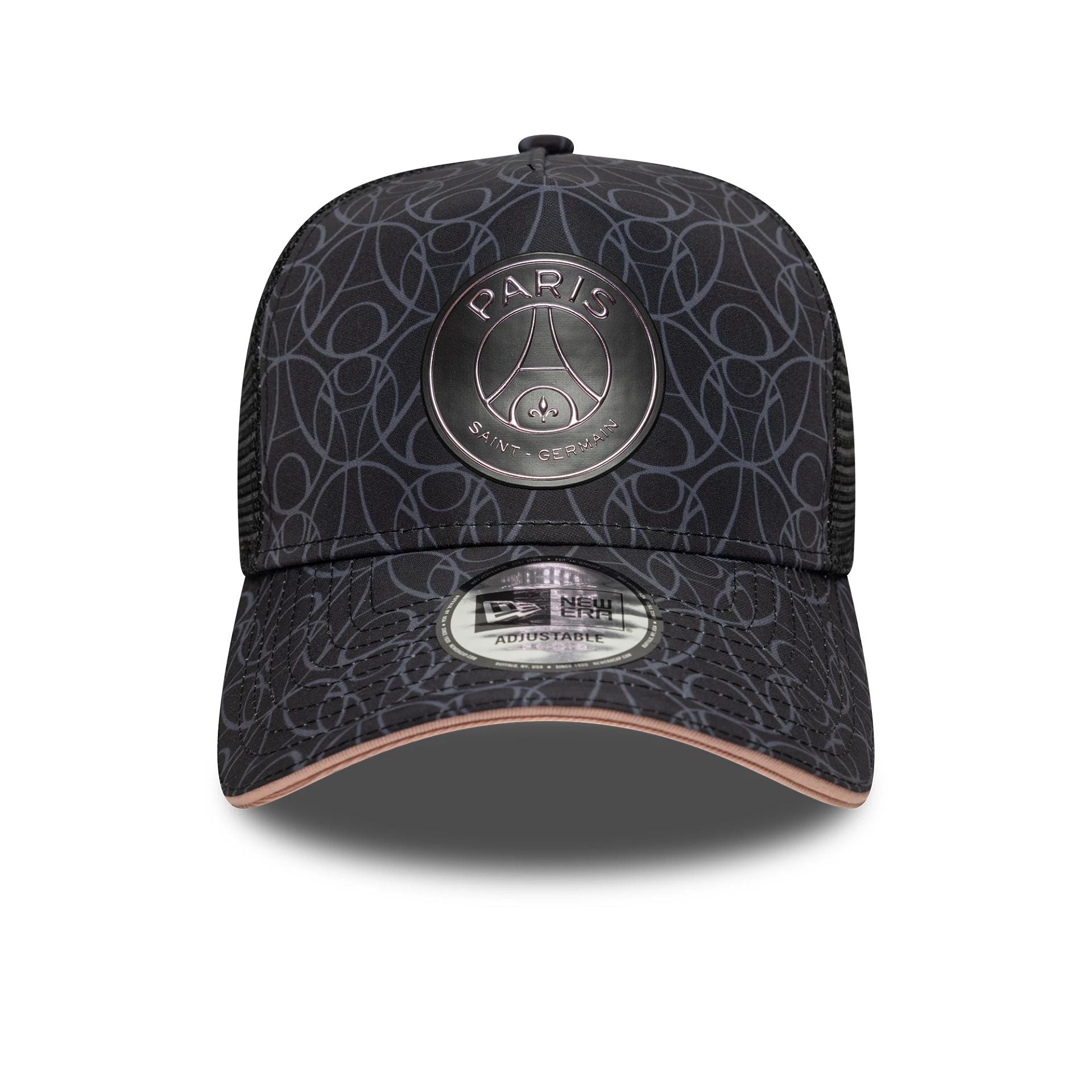 This is a Paris Saint Germain All Over Print Black 9FORTY E-Frame Trucker Adjustable Cap 3