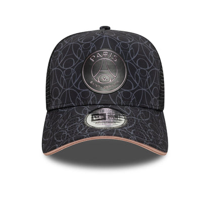 This is a Paris Saint Germain All Over Print Black 9FORTY E-Frame Trucker Adjustable Cap 3