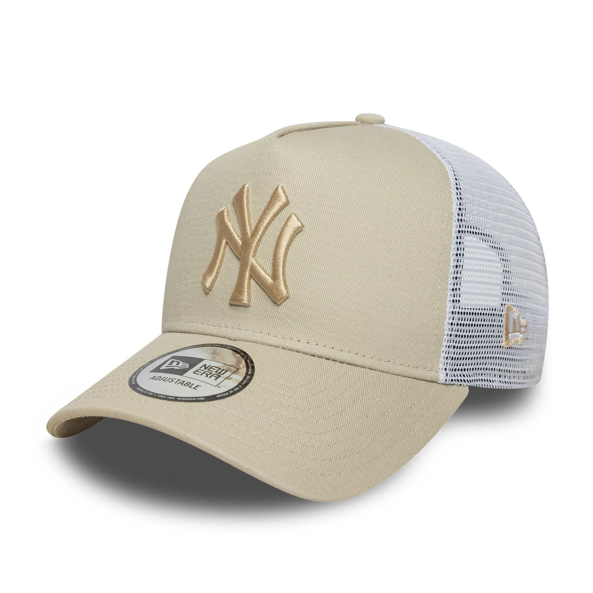 This is a New York Yankees MLB League Essential Light Beige 9FORTY E-Frame Trucker Adjustable Cap 1