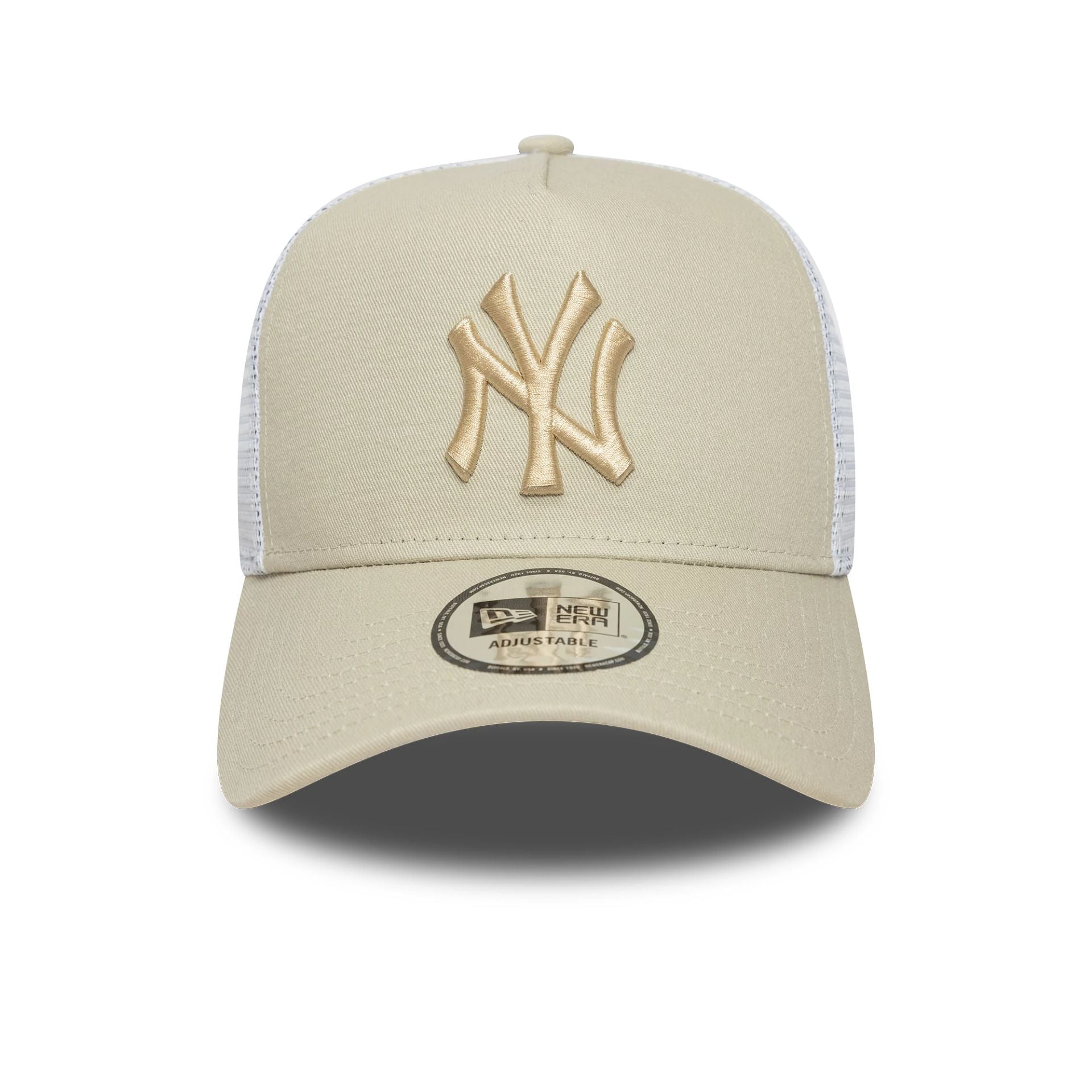 This is a New York Yankees MLB League Essential Light Beige 9FORTY E-Frame Trucker Adjustable Cap 2