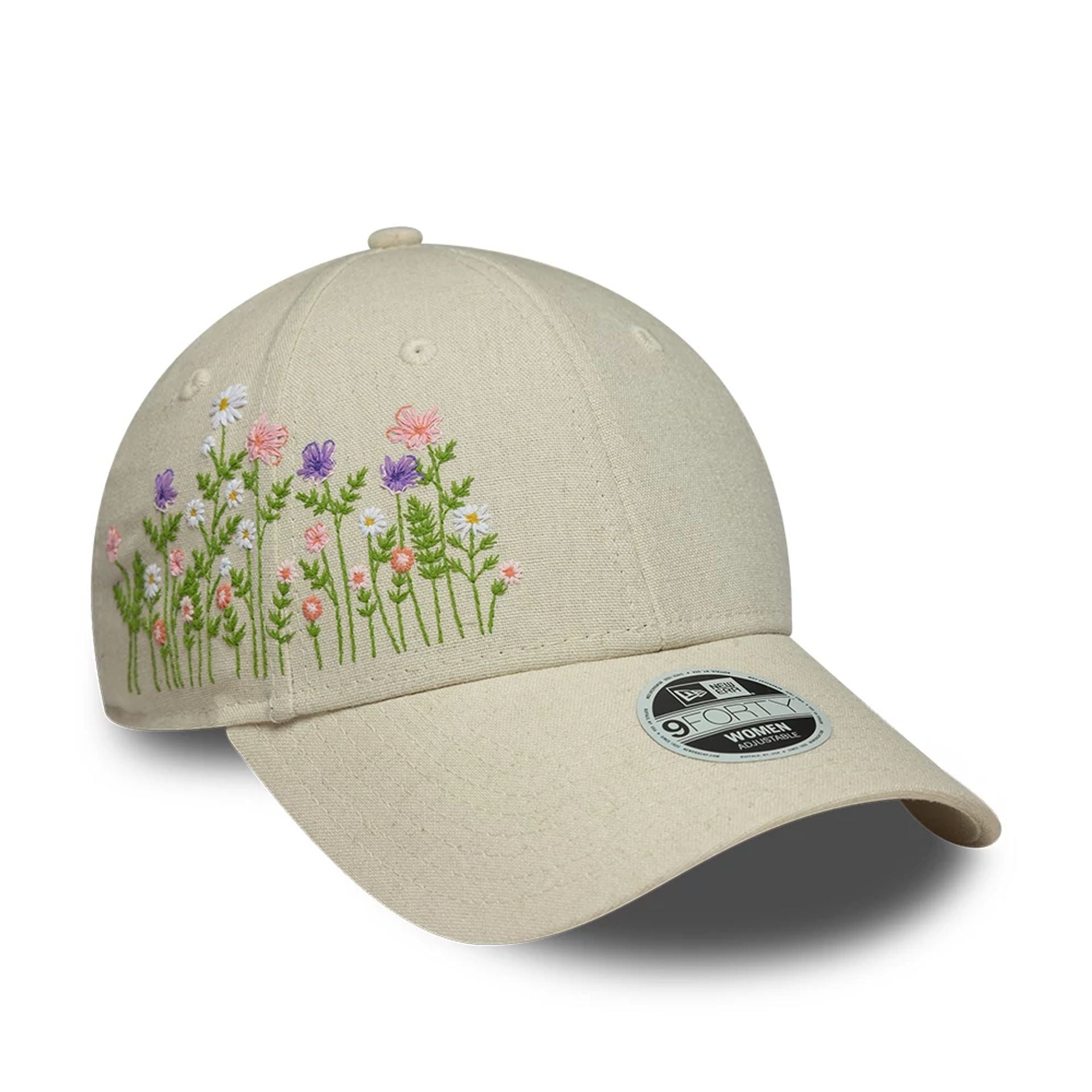 This is a Womens New Era Floral Cream 9FORTY Adjustable Cap 1