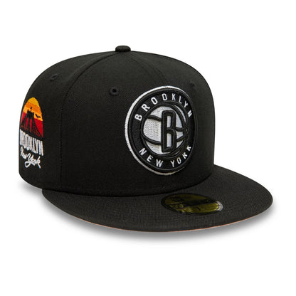 This is a Brooklyn Nets Sidepatch NBA Borough Of Neighbourhoods Black 59FIFTY Fitted Cap 1