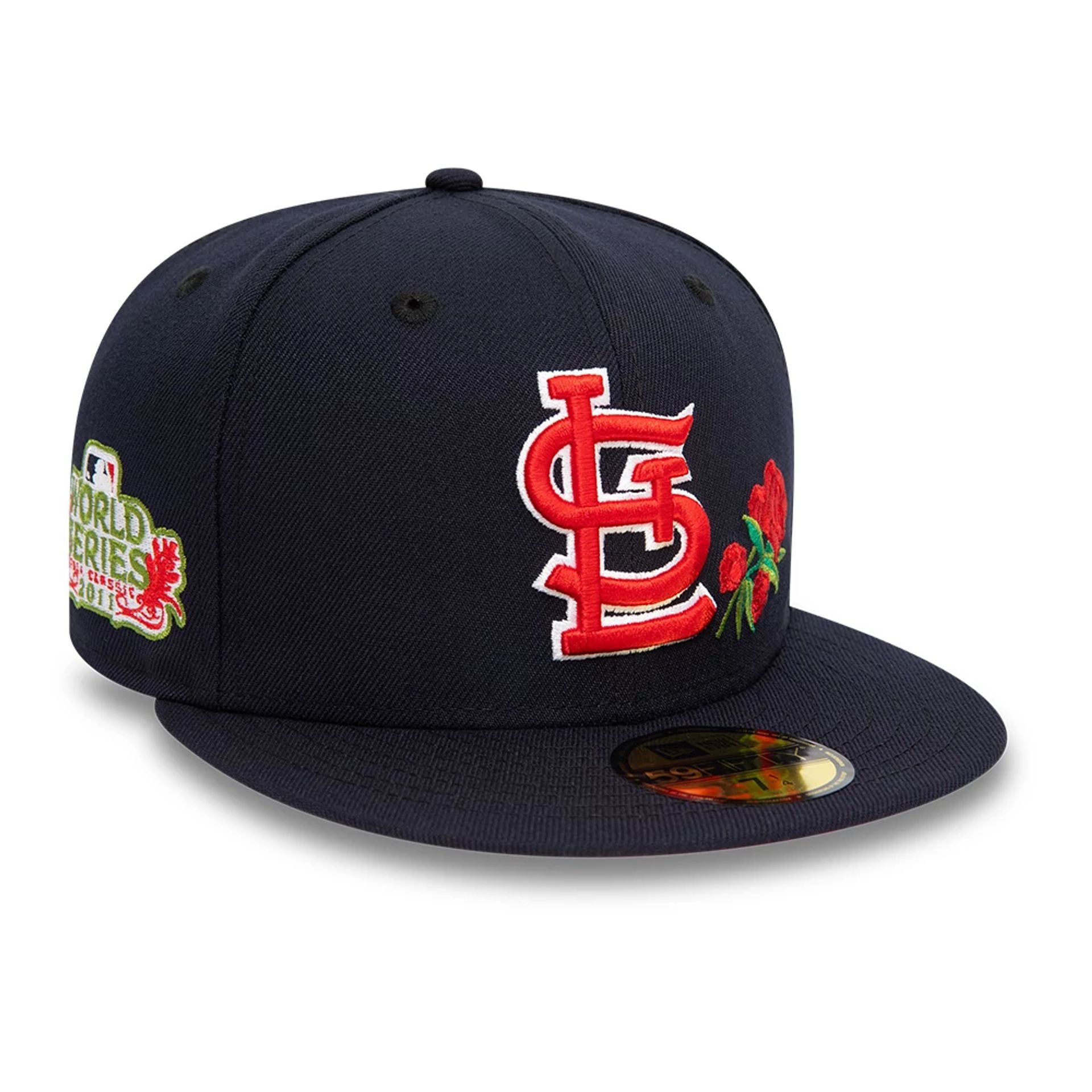 This is a St. Louis Cardinals MLB Floral Navy 59FIFTY Fitted Cap 1