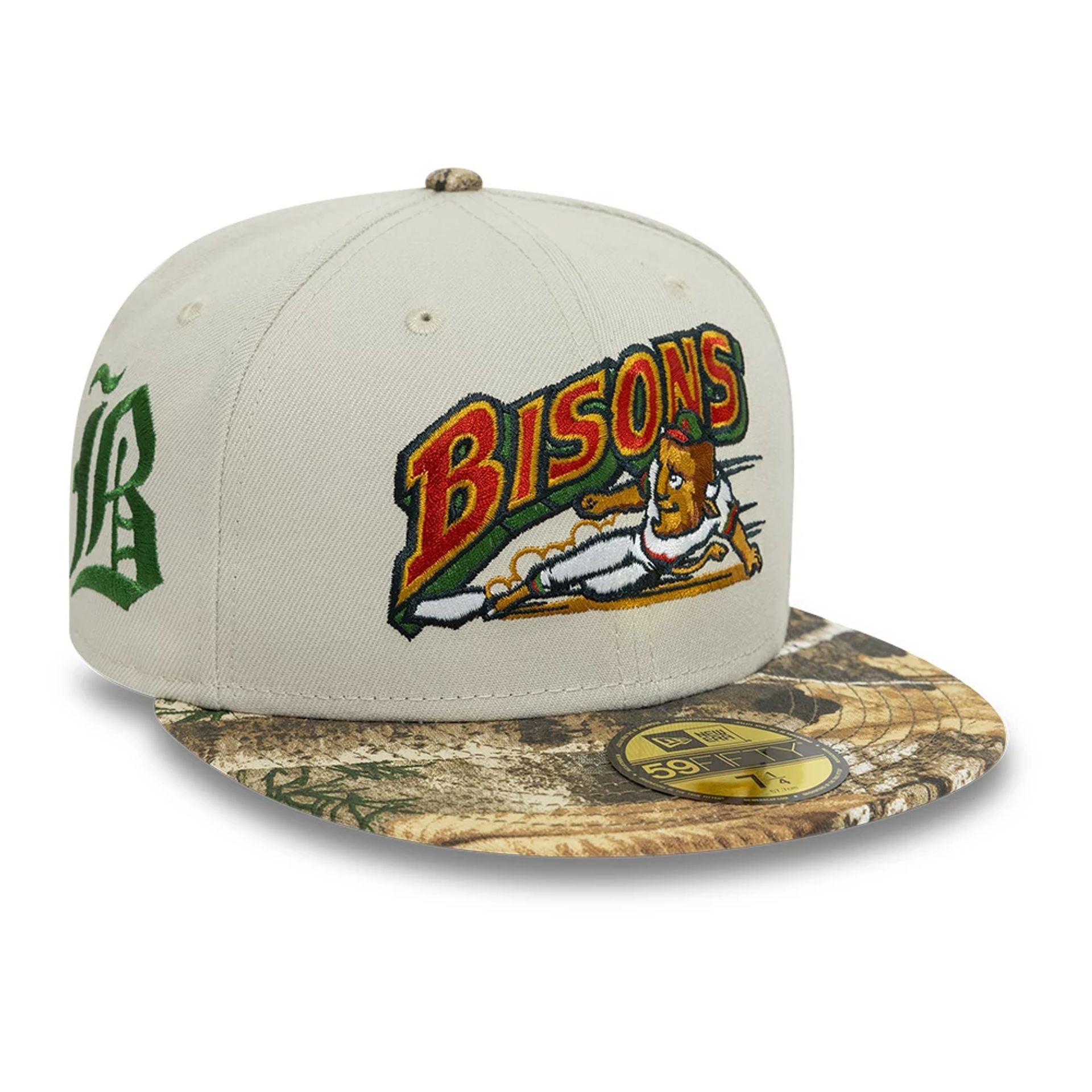 This is a Buffalo Bisons Real Tree Beige 59FIFTY Fitted Cap 1