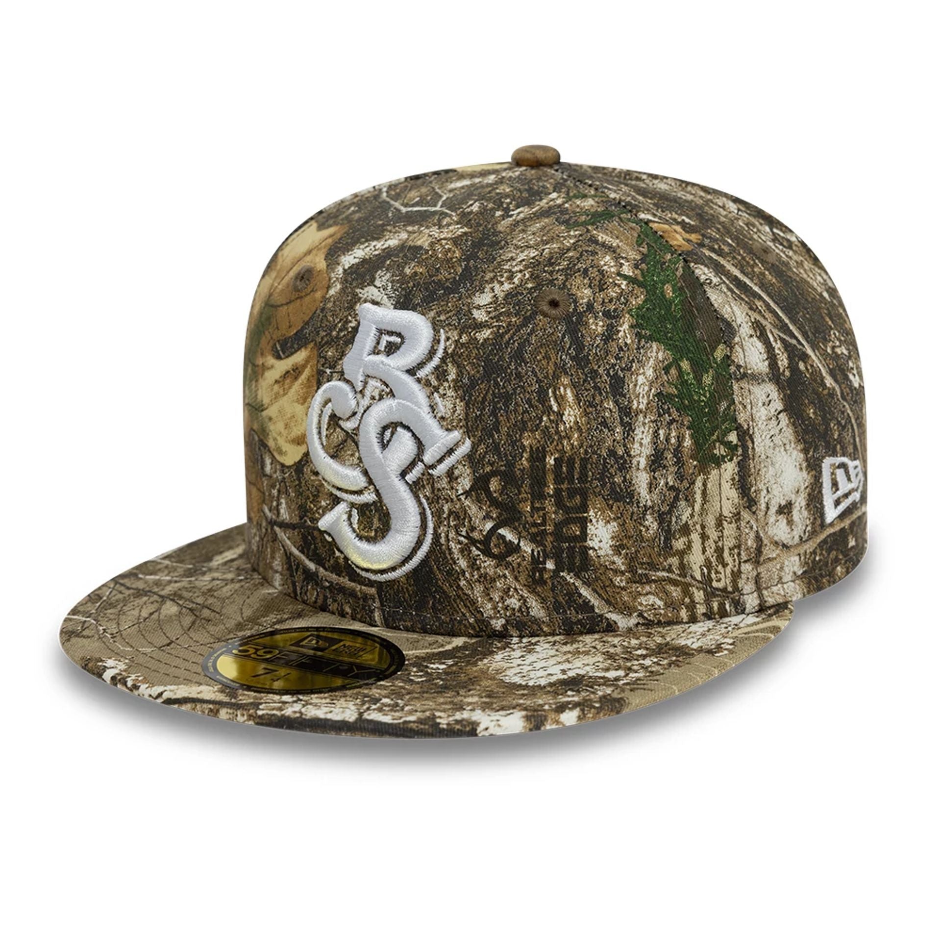 This is a Biloxi Shuckers Real Tree All Over Print Khaki 59FIFTY Fitted Cap 3