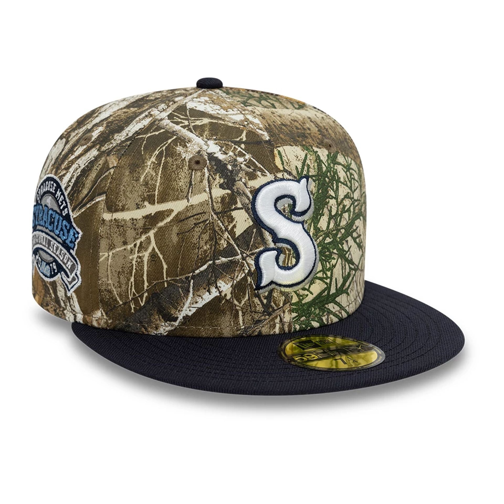 This is a Syracuse Mets Real Tree All Over Print Khaki 59FIFTY Fitted Cap 1