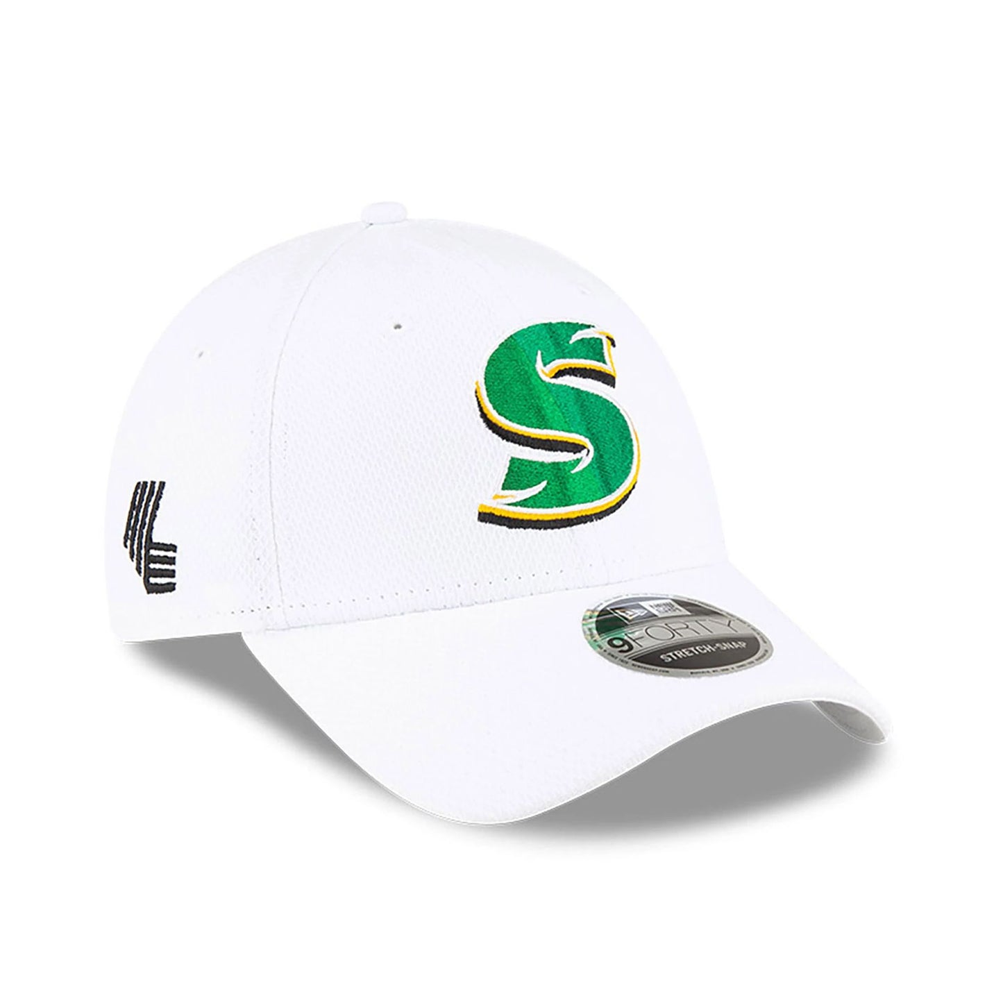 This is a Stinger LIV Golf White 9FORTY Stretch Snap Adjustable Cap 1