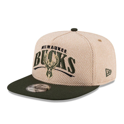 This is a Milwaukee Bucks NBA Terry Heather Tan 9FIFTY A-Frame Snapback Adjustable Cap 1