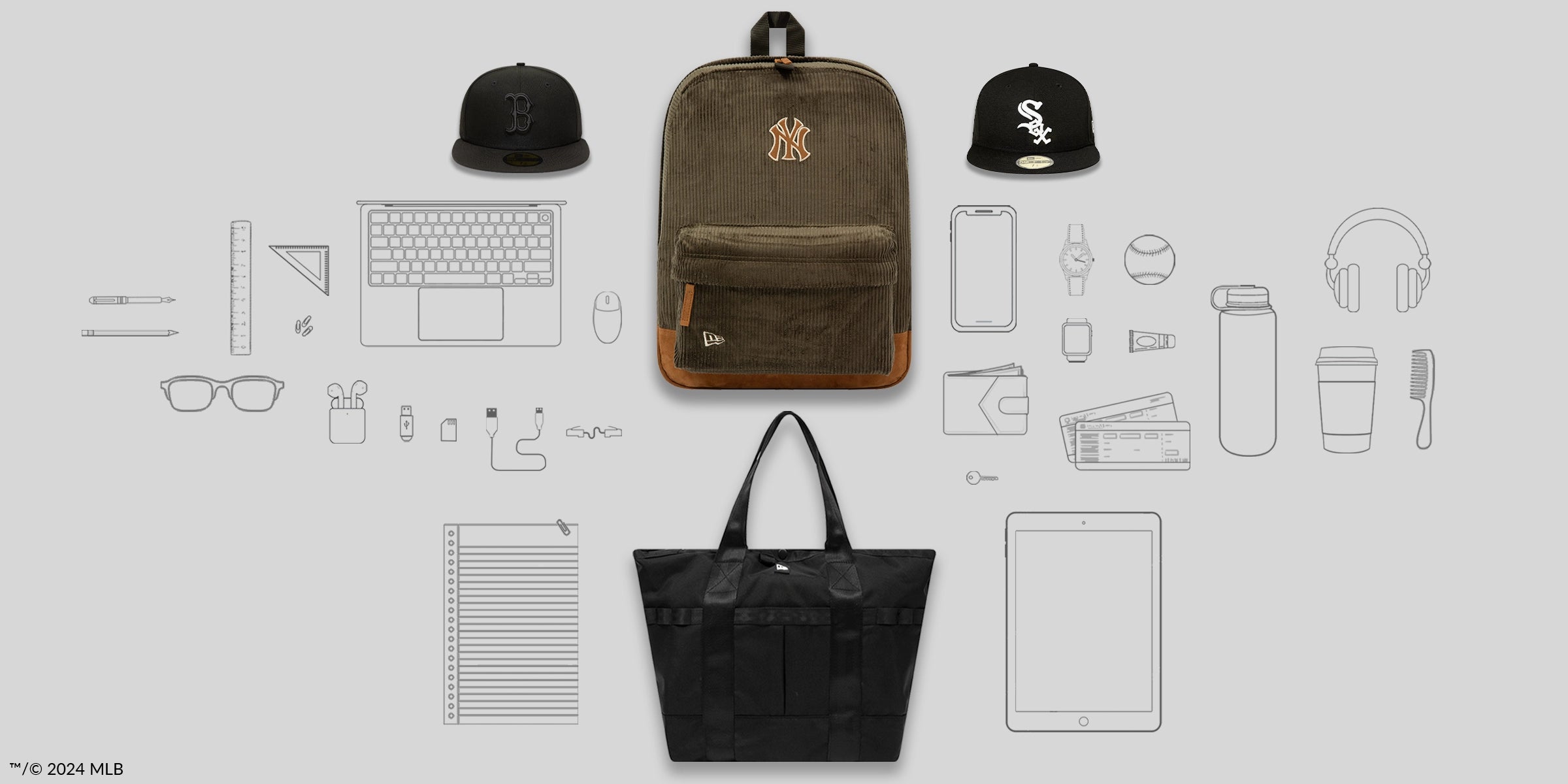 get back to school new era accessories including backpacks, tote bags and cap