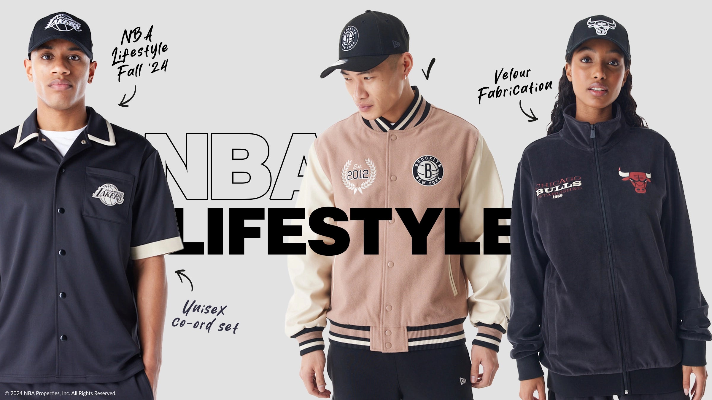 landscape collage of two male models and one female model wearing NBA jackets, hoodies and shirts with english text