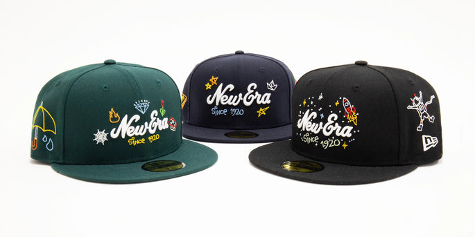 three new era 59FIFRT caps; gree, blue and black with scribble embroidery