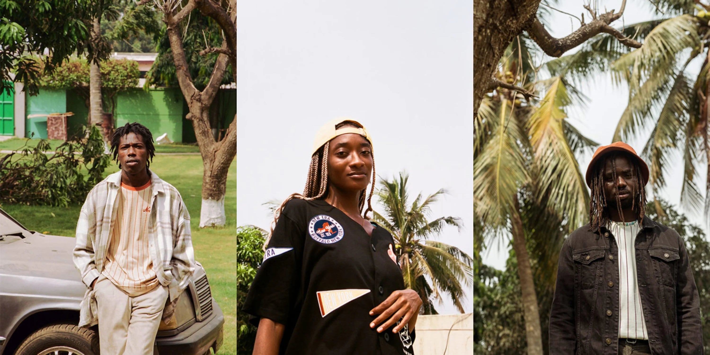 one female and two male models wearing new era caps, bucket hats and shirts of various colours