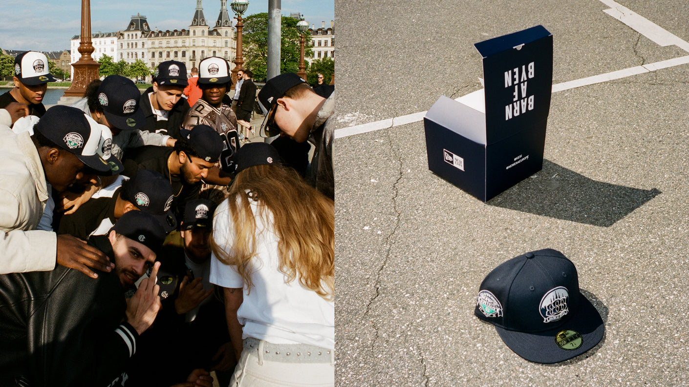 layout of a group of young adults wearing new era x kesi on the left side and a new era x kesi cap out of  box on the right side