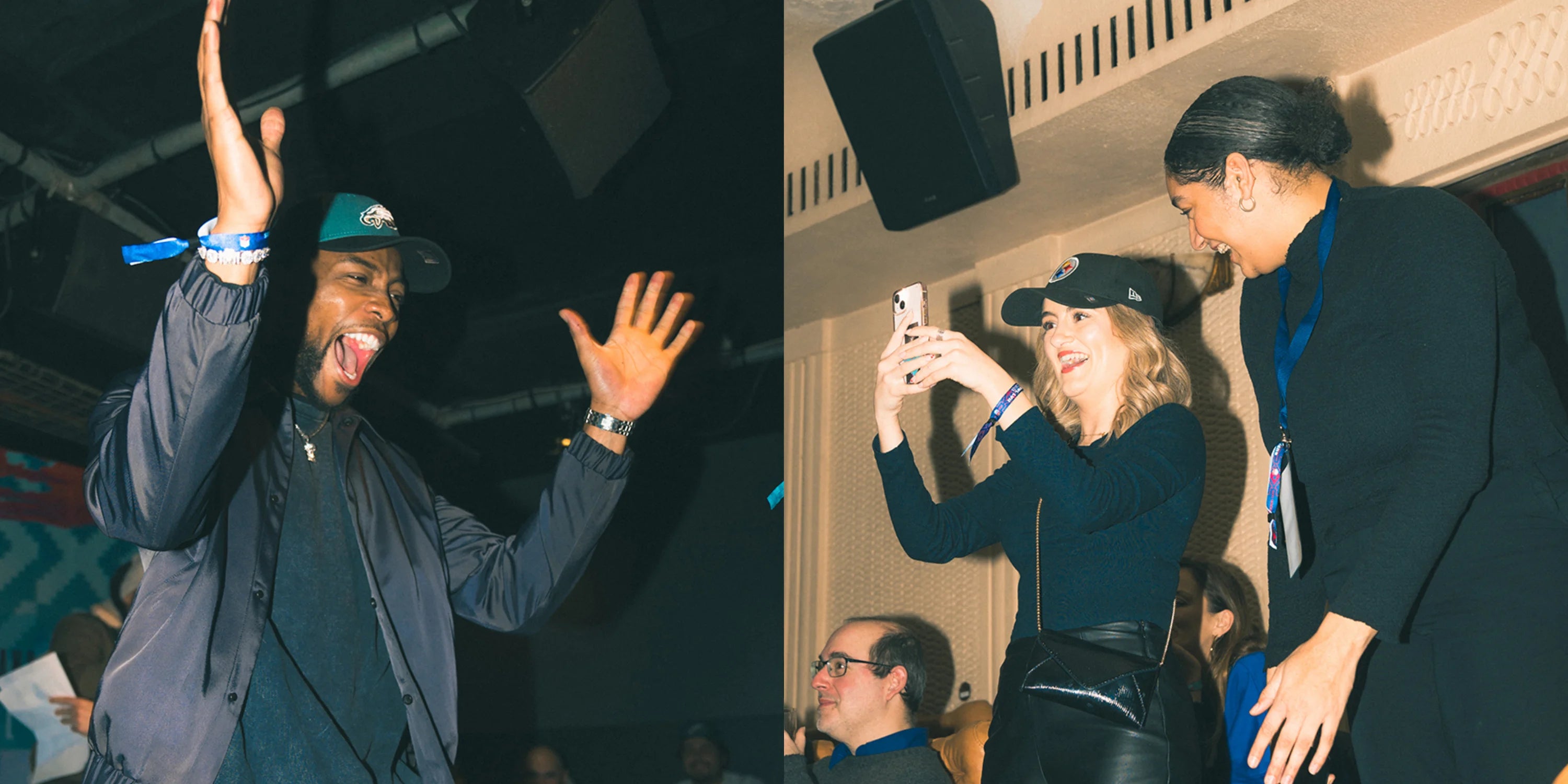 collage from the superbowl 2023 party, on the left a male is wearing a green seattle seahawks cap and on the right are two females one wearing a black new era pitstburgh steelers cap