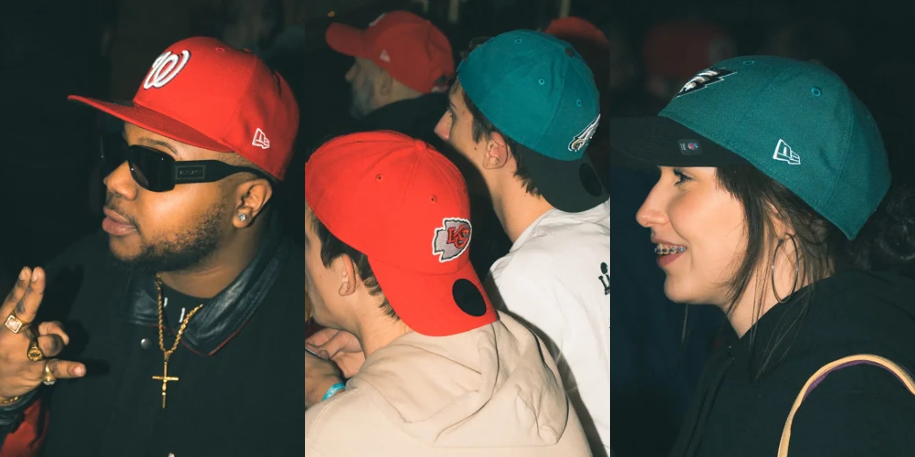 collage of men and women wearing green and red new era caps at the superbowl party