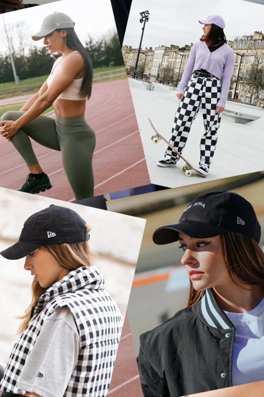 portrait collage of jessica hunter, mariella santucci, shani bru and  marta garcia wearing new era caps 