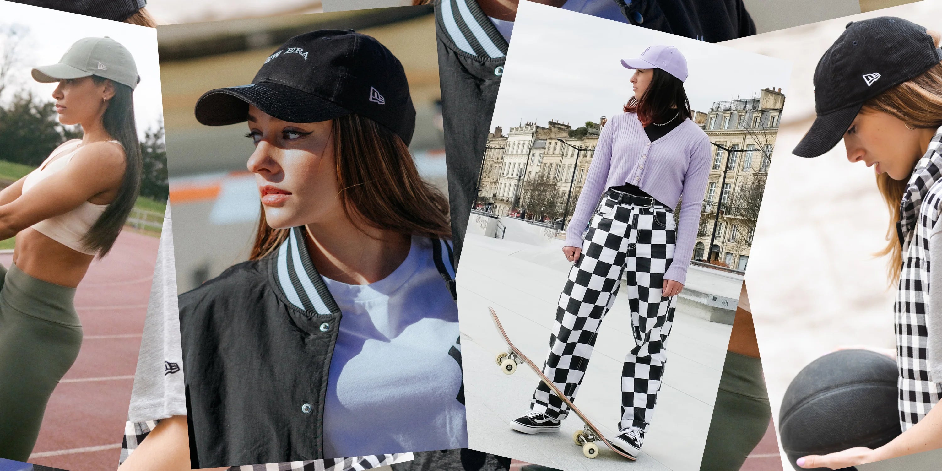 landscape collage of jessica hunter, mariella santucci, shani bru and  marta garcia wearing new era caps