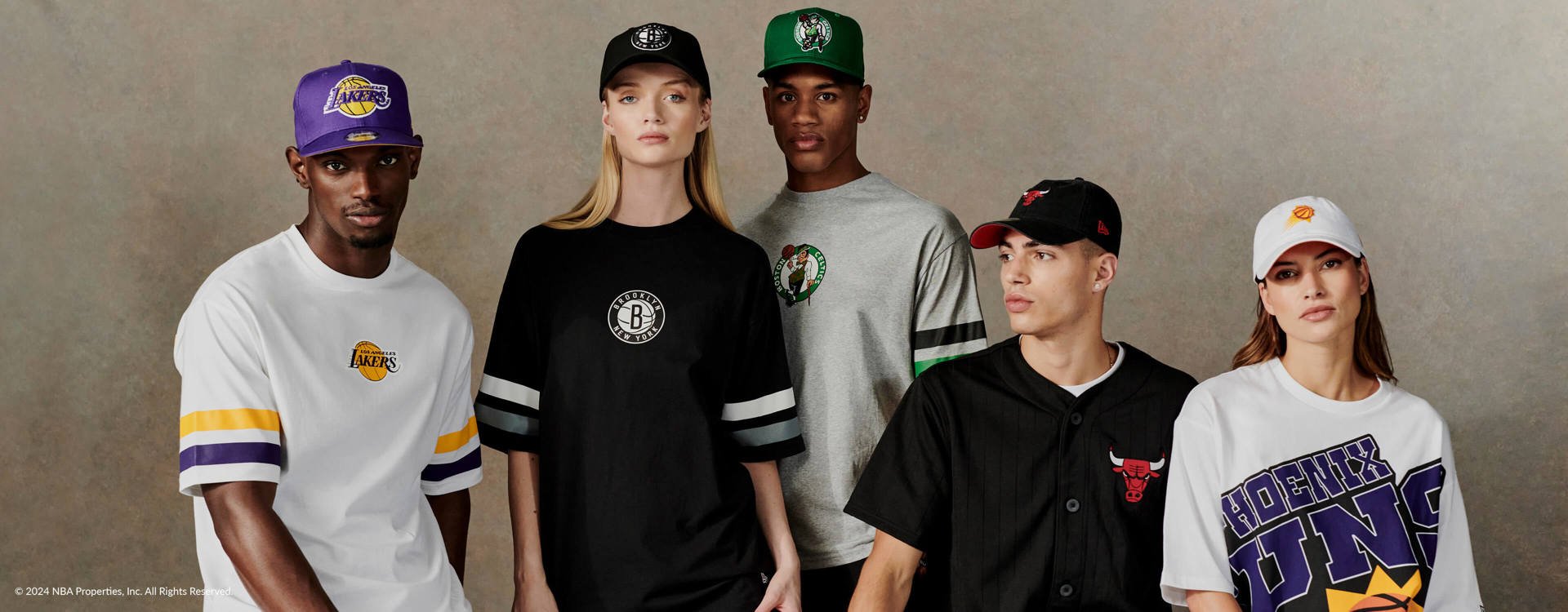 two females and three males wearing new era's nba caps and tops