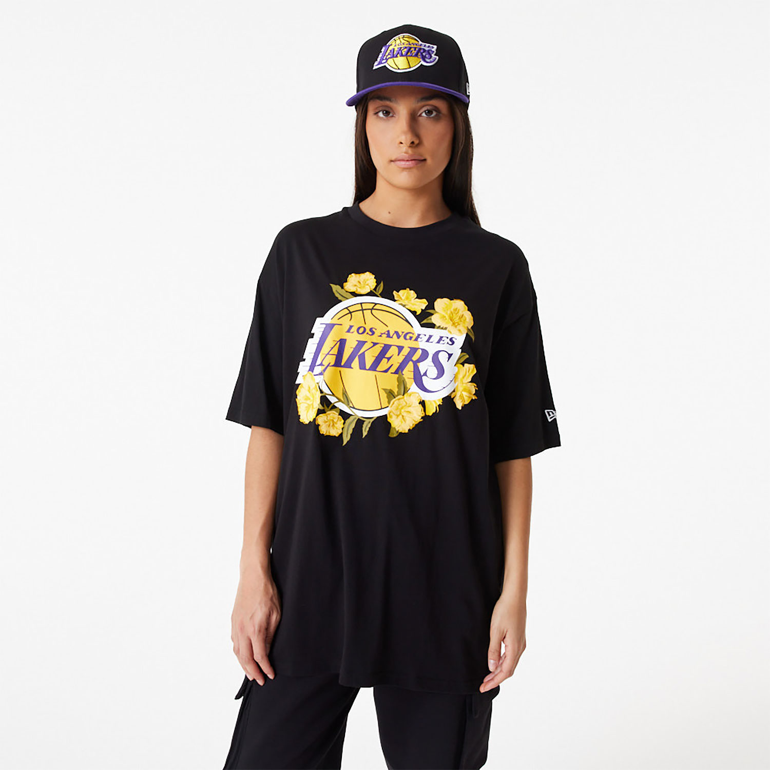 LA Lakers NBA Floral Graphic Black Oversized T-Shirt
