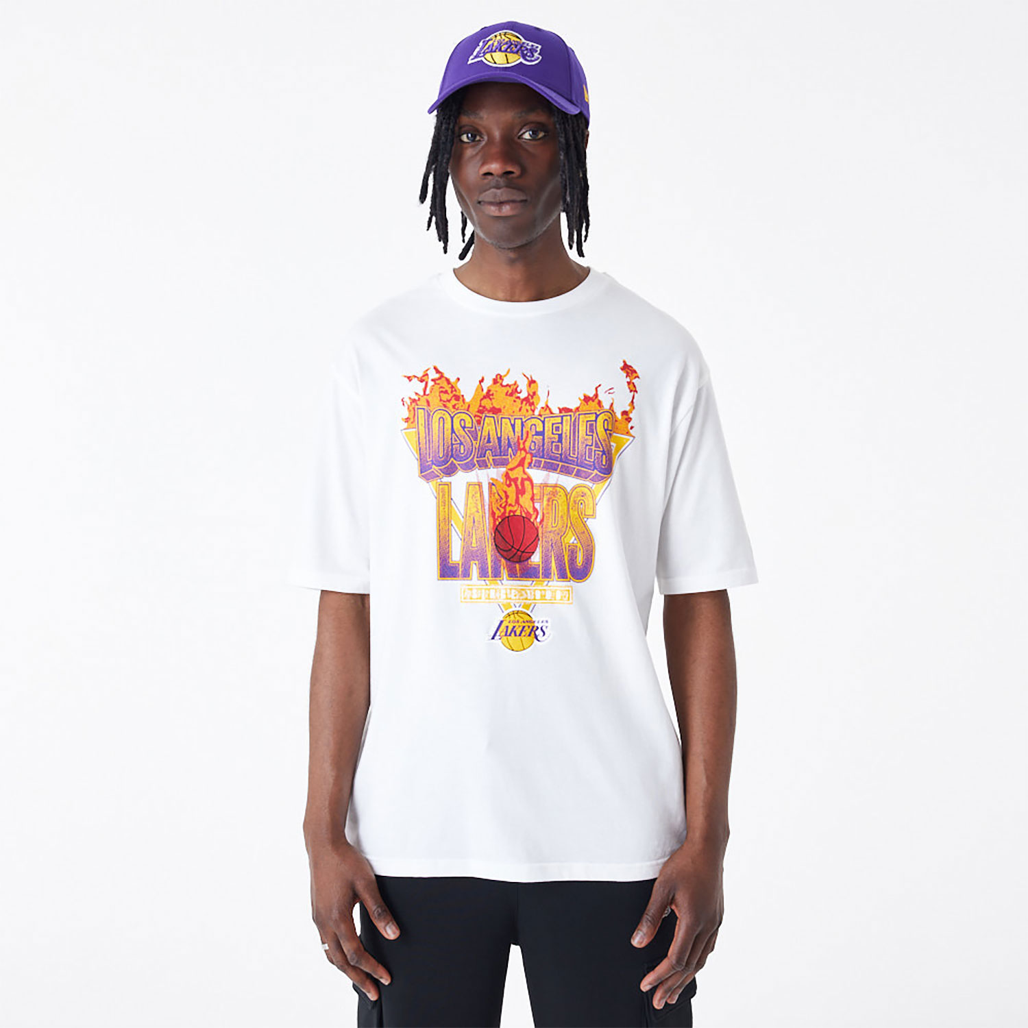 LA Lakers NBA Flame Graphic White Oversized T-Shirt