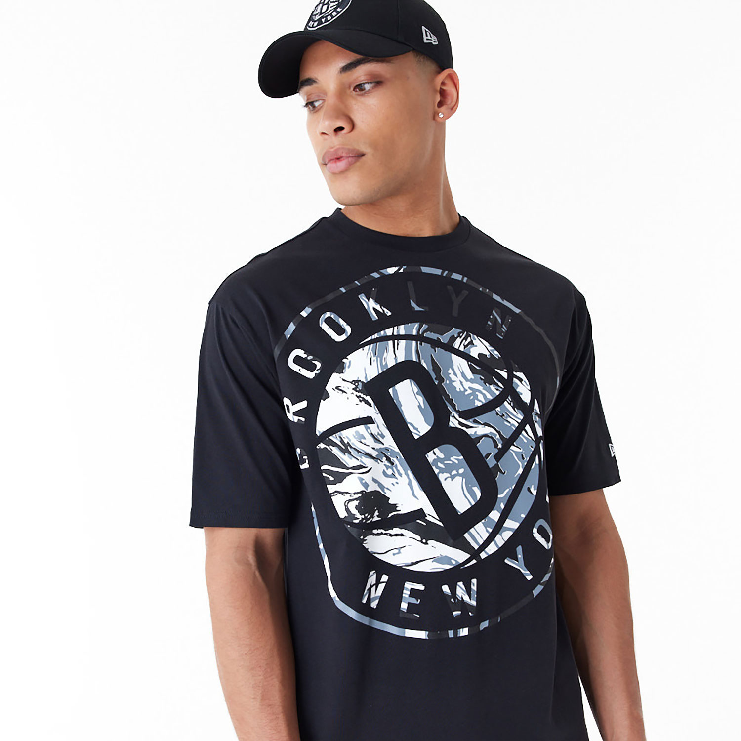 Brooklyn Nets NBA All Over Print Infill Black Oversized T-Shirt