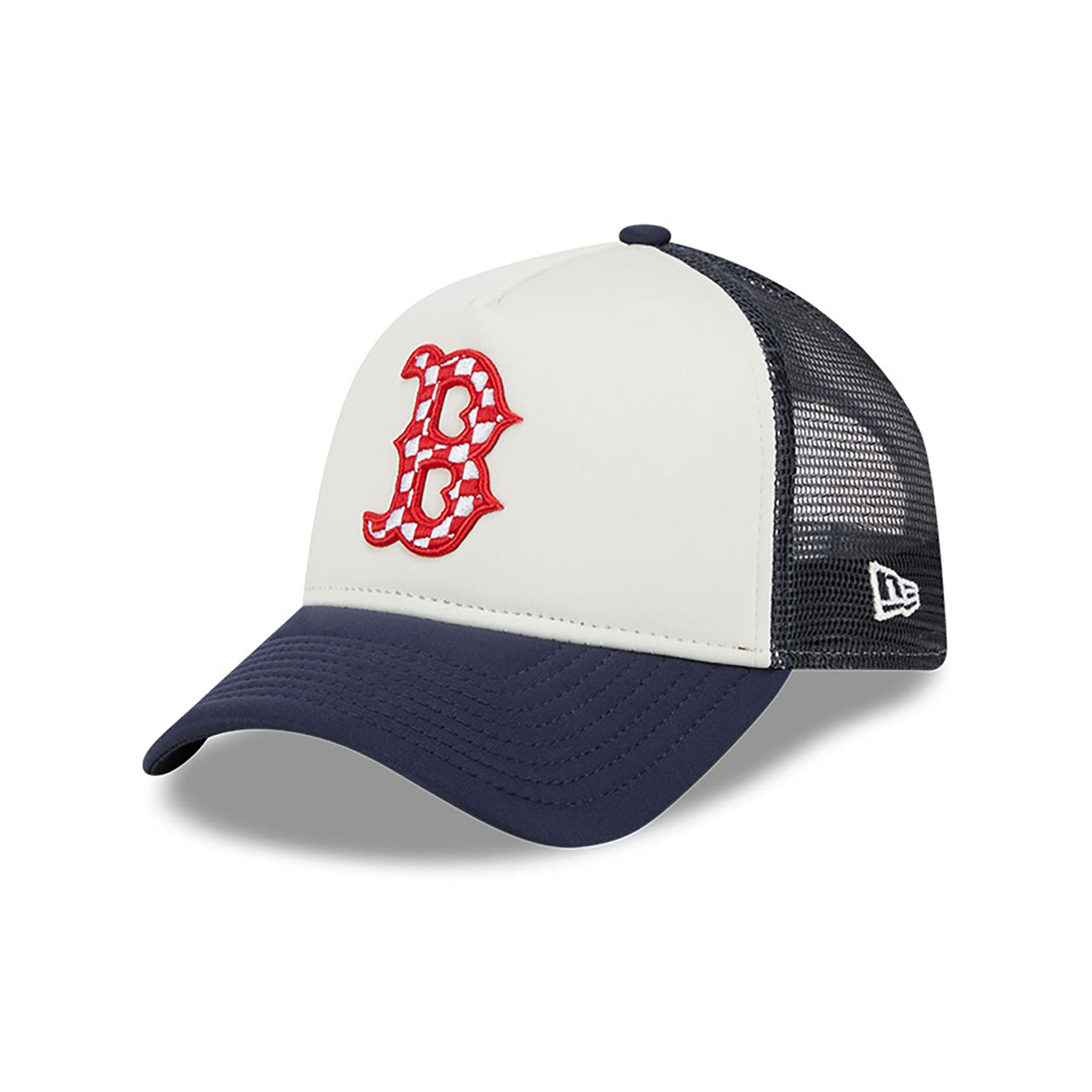 Boston Red Sox Check Flag Navy 9FORTY A-Frame Adjustable Trucker Cap